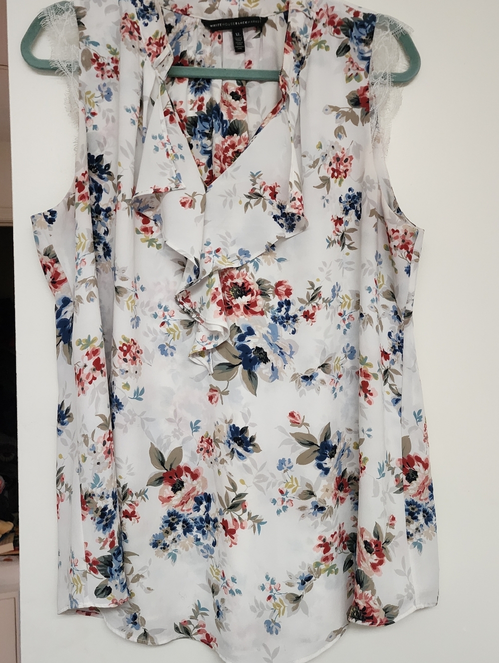 White House Black Market White Floral Ruffle V-Neck Camisole